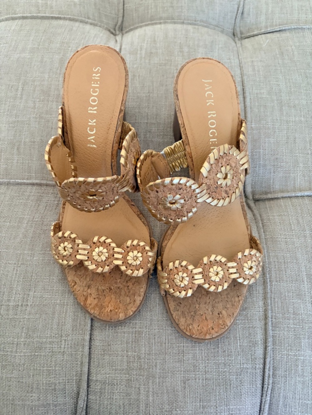 Jack Rogers Tan Woven Cork Slide Heels